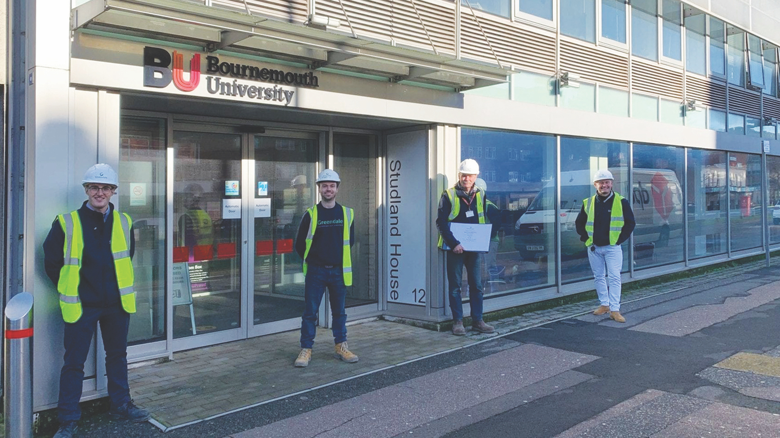 From left: Greendale’s Declan Miles, Chris Cave, Mike Higgins and Chris Kane get ready for work on Studland House