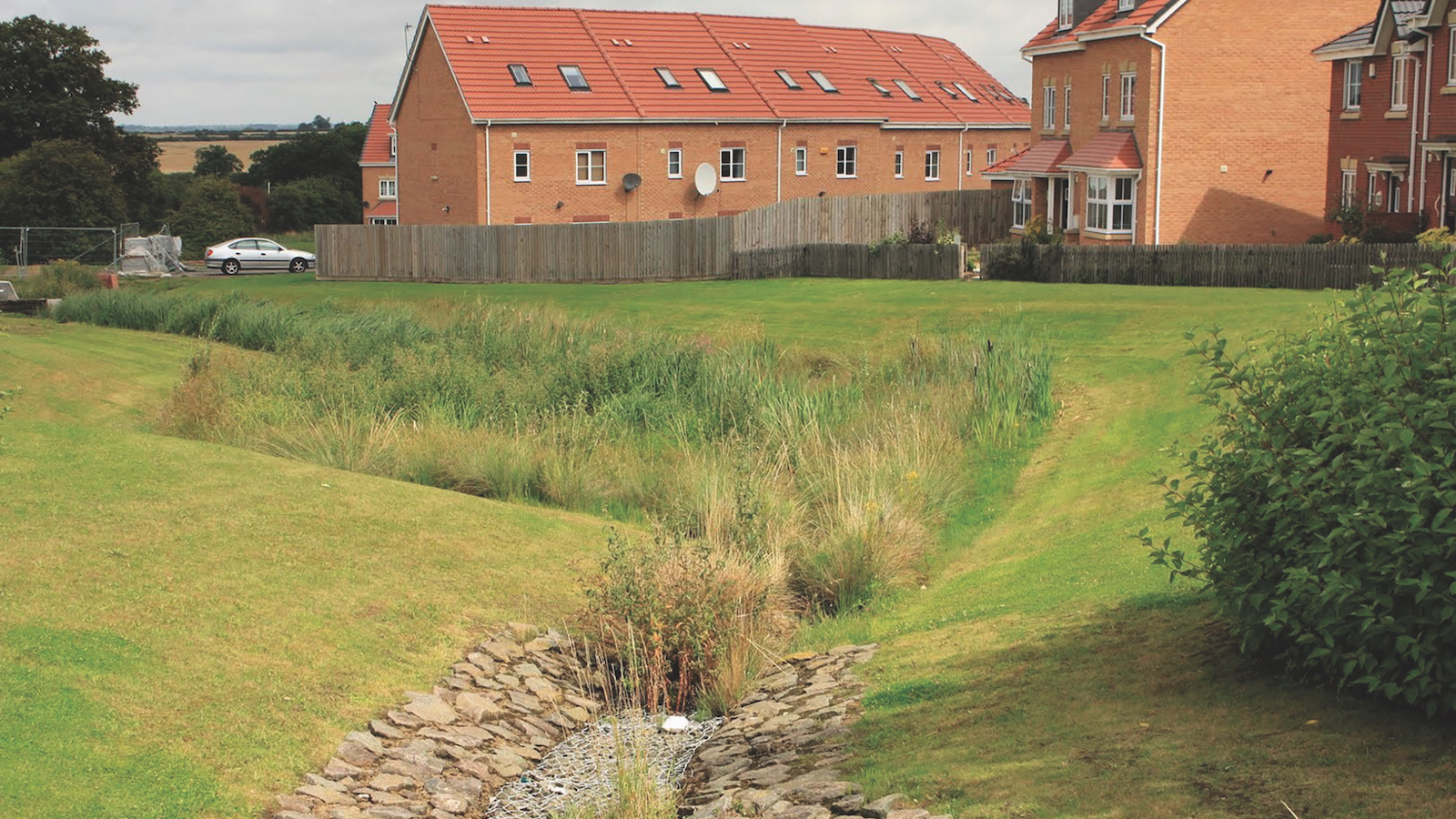 Landscaping manages water flow in a residential area