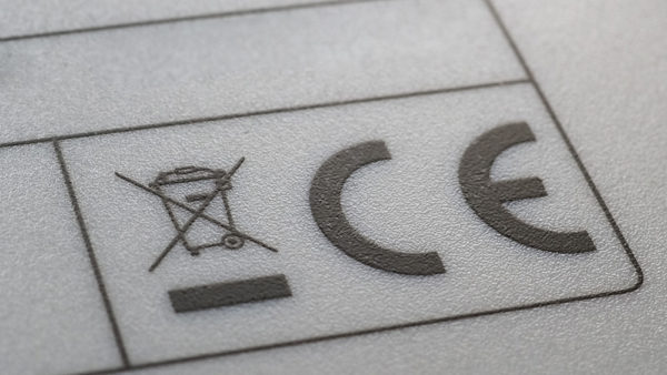 A CE symbol with a crossed out bin next to it