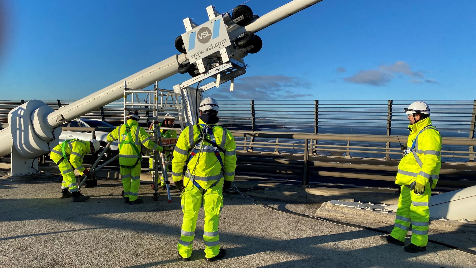 The cable cleaning prototype machine being trialled in November 2021 on the Queensferry Crossing cables