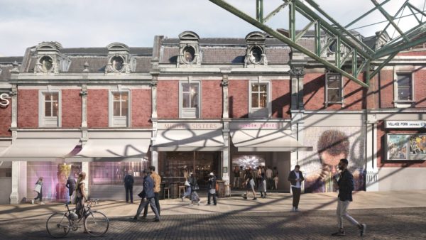 A visualisation showing a row of shops with people outside.