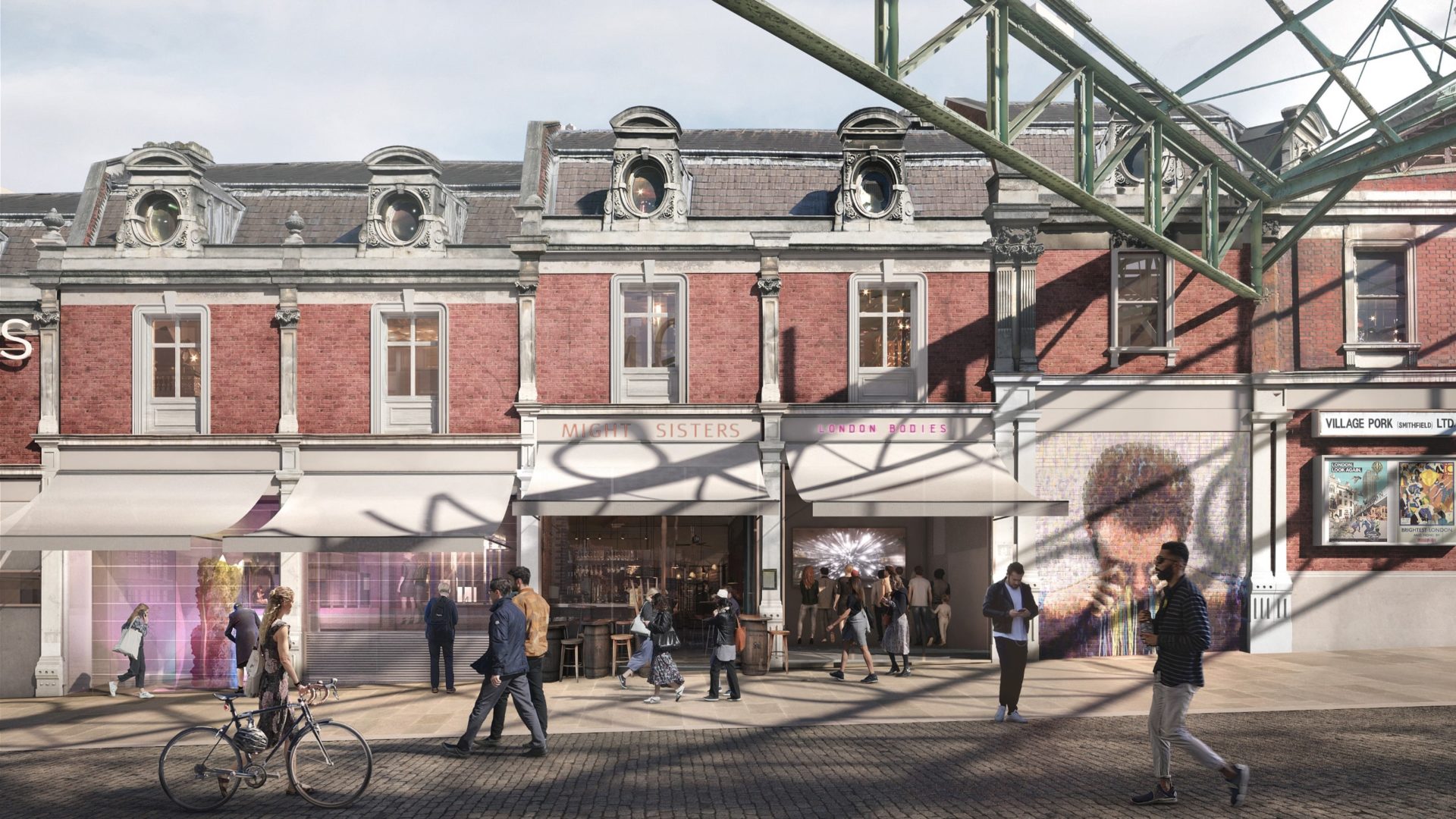 A visualisation showing a row of shops with people outside.