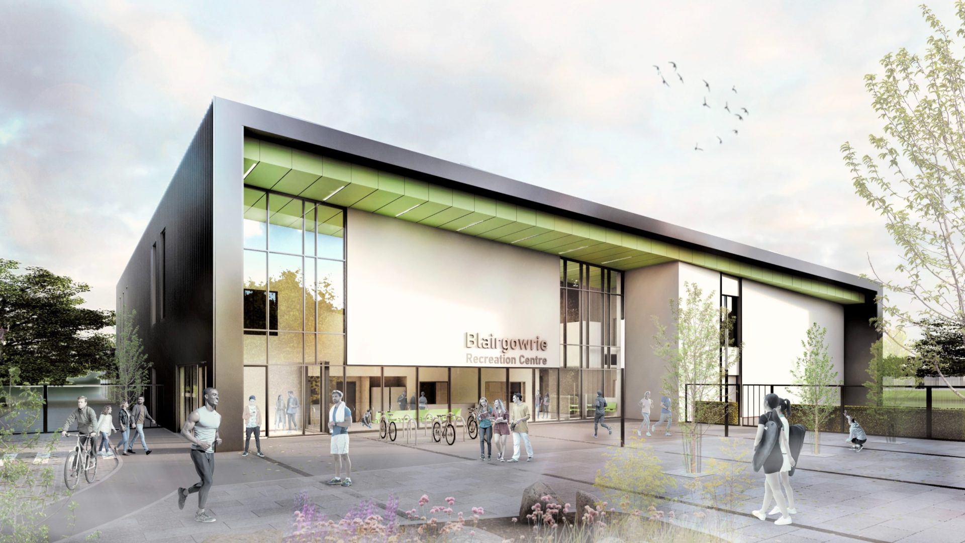 BAM Passivhaus Scotland - A computer-generated image of a leisure centre.