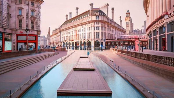 Stone buildings in a city with a waterfront.