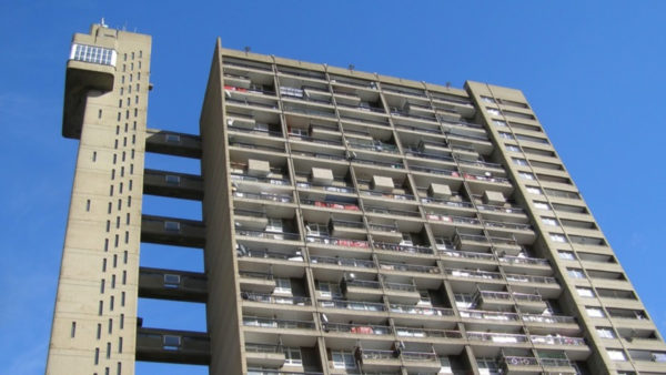 A view from the bottom of a high-rise building.