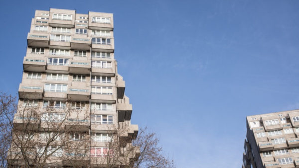 View from the bottom of two high-rises.