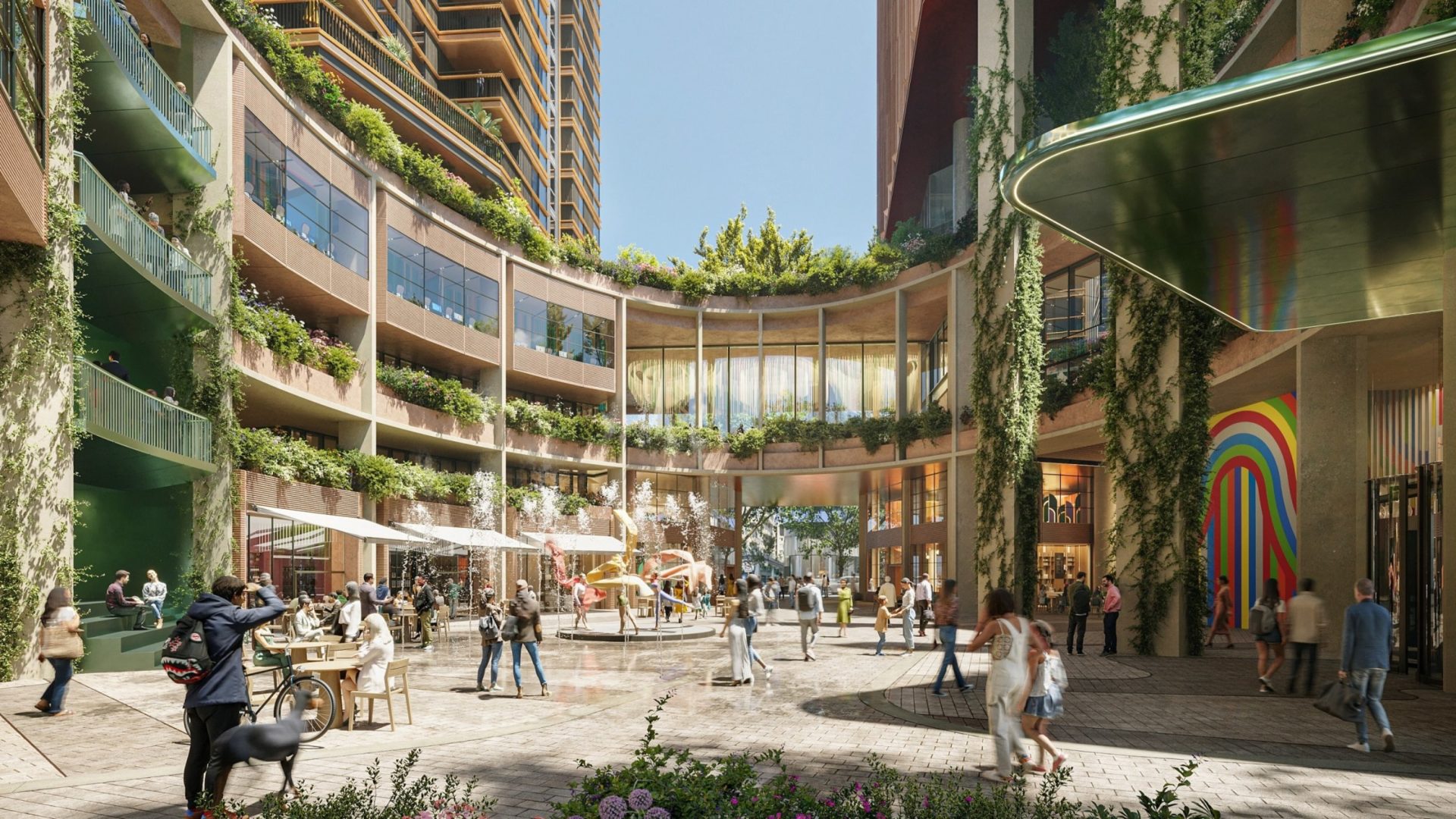 A computer-generated image of a public space.