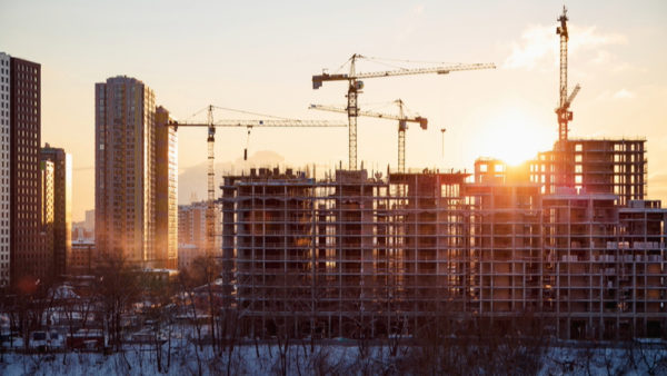 Skyline of high rise buildings under construction.