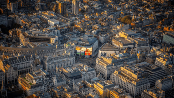 Aerial view of a city.