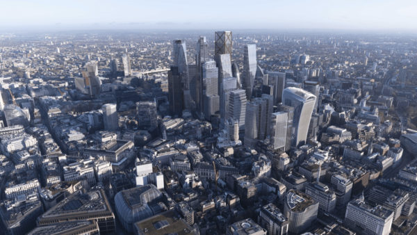 A city skyline with tall buildings.