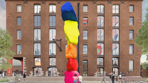 A computer generated image of a big warehouse with a colourful sculpture outside.