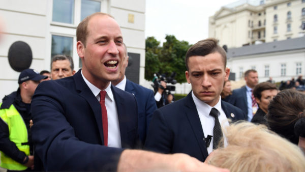A man in a crowd shaking hands with people.