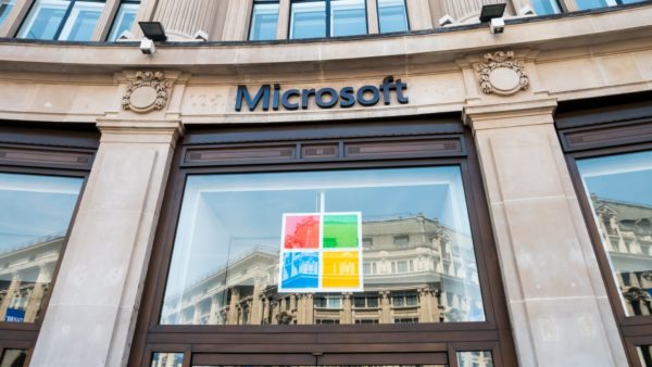 Front of the Microsoft shop in London, showing Microsoft's four colour logo and the company's name (image: Dreamstime)