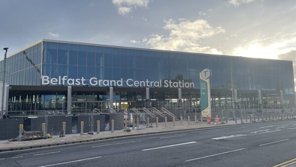 The Grosvenor Road entrance to the new Belfast Grand Station as the sun sets - The Grosvenor Road entrance to the station as the sun sets on the 25 of February 2025.