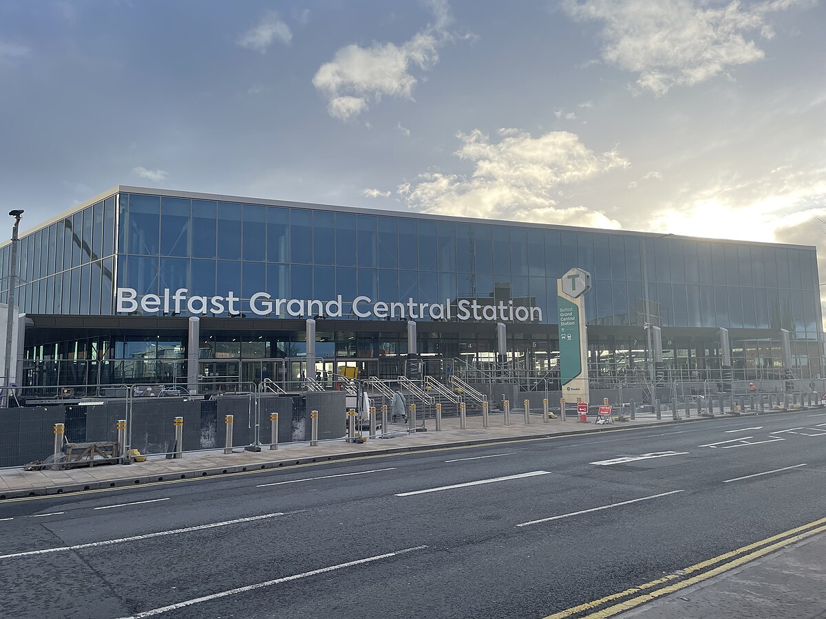 Farrans Sacyr - The Grosvenor Road entrance to the new Belfast Grand Station as the sun sets - The Grosvenor Road entrance to the station as the sun sets on the 25 of February 2025.