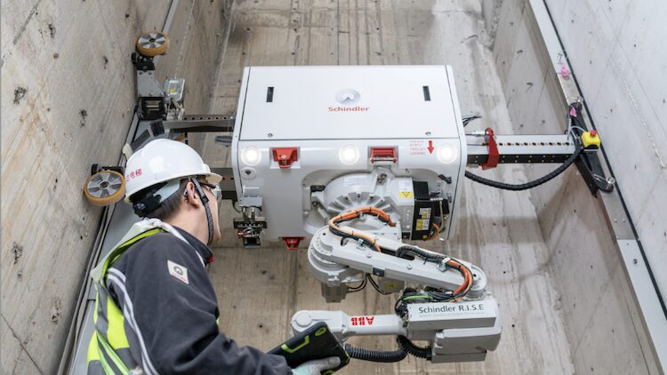 Image of the Schindler R.I.S.E elevator shaft robot being used by Skanska