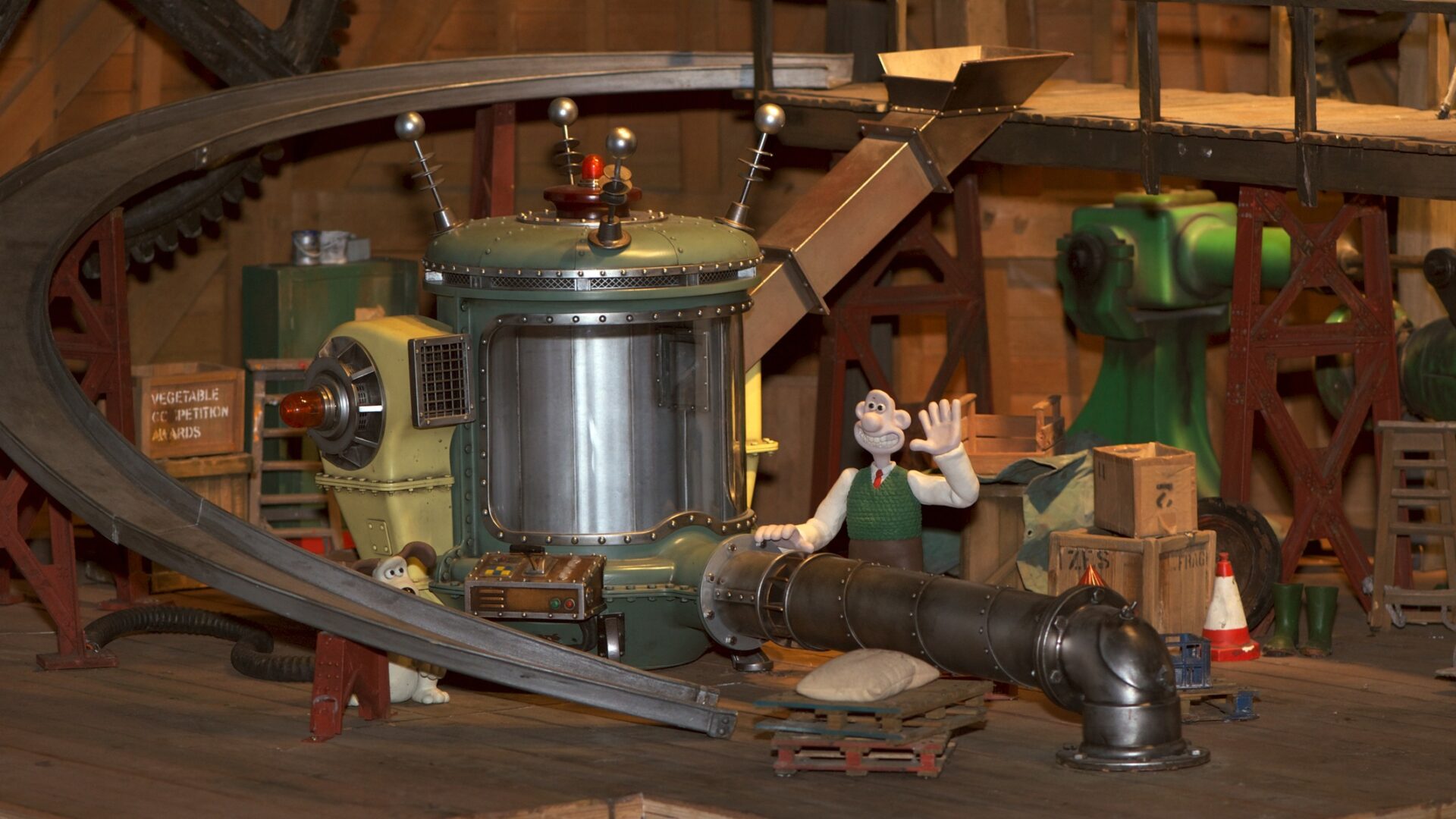 Wallace Gromit net zero - Set of Wallace and Gromit showing one of their famous cracking contraptions - the former warehouse of Wallace & Gromit animation studios has been chosen to test a net zero standard, the first in the UK