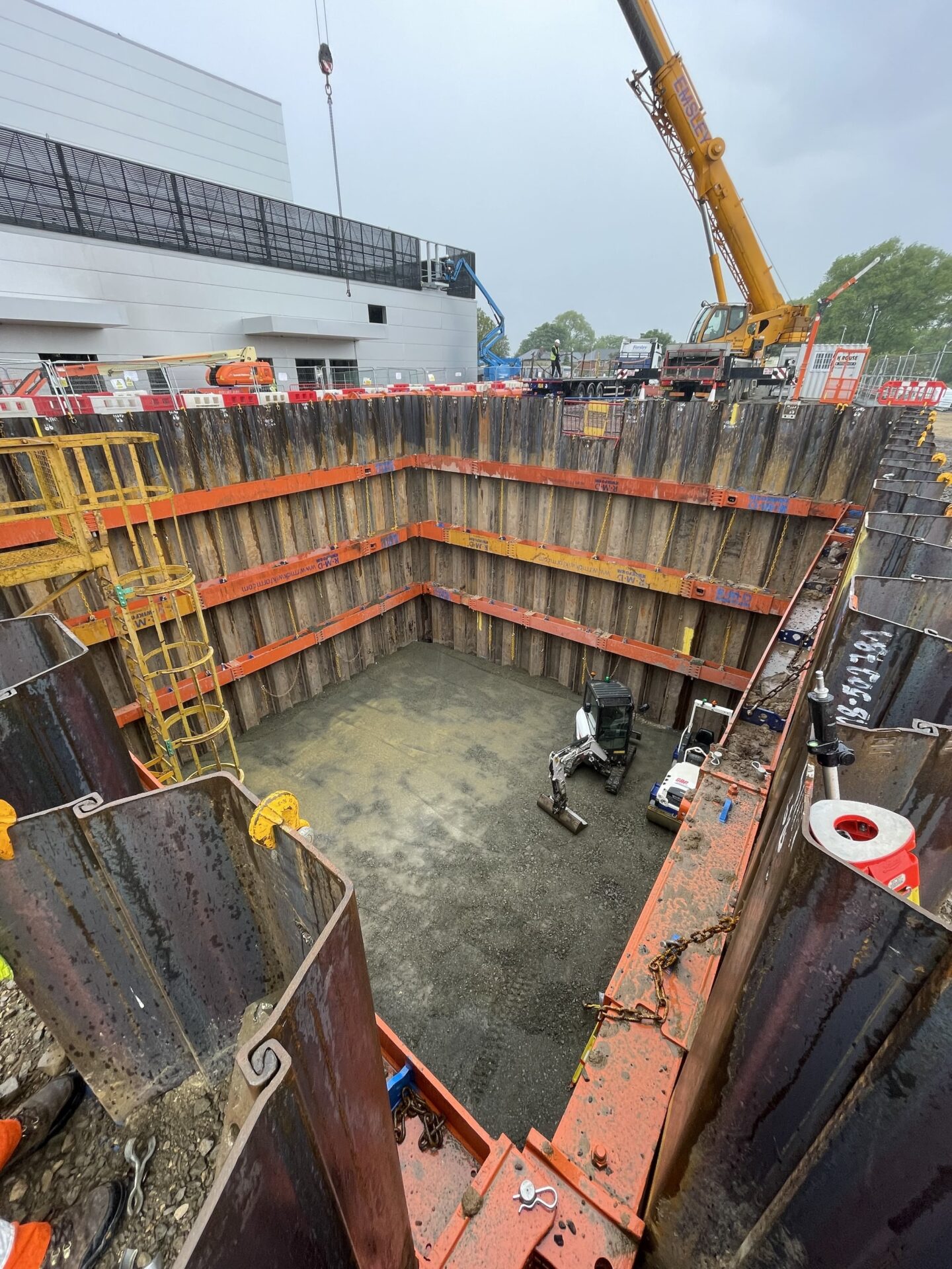 View of the temporary works specialist that Altrad RMD Kwikform recently provided to K Rouse Civil Engineering. It is a bespoke integrated ground shoring and formwork solution to support a challenging excavation for the construction of the new Fujifilm Borealis biotech manufacturing facility in Billingham.