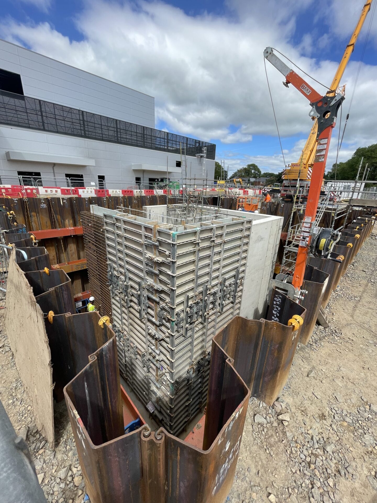 View of the temporary works specialist that Altrad RMD Kwikform recently provided to K Rouse Civil Engineering. It is a bespoke integrated ground shoring and formwork solution to support a challenging excavation for the construction of the new Fujifilm Borealis biotech manufacturing facility in Billingham.