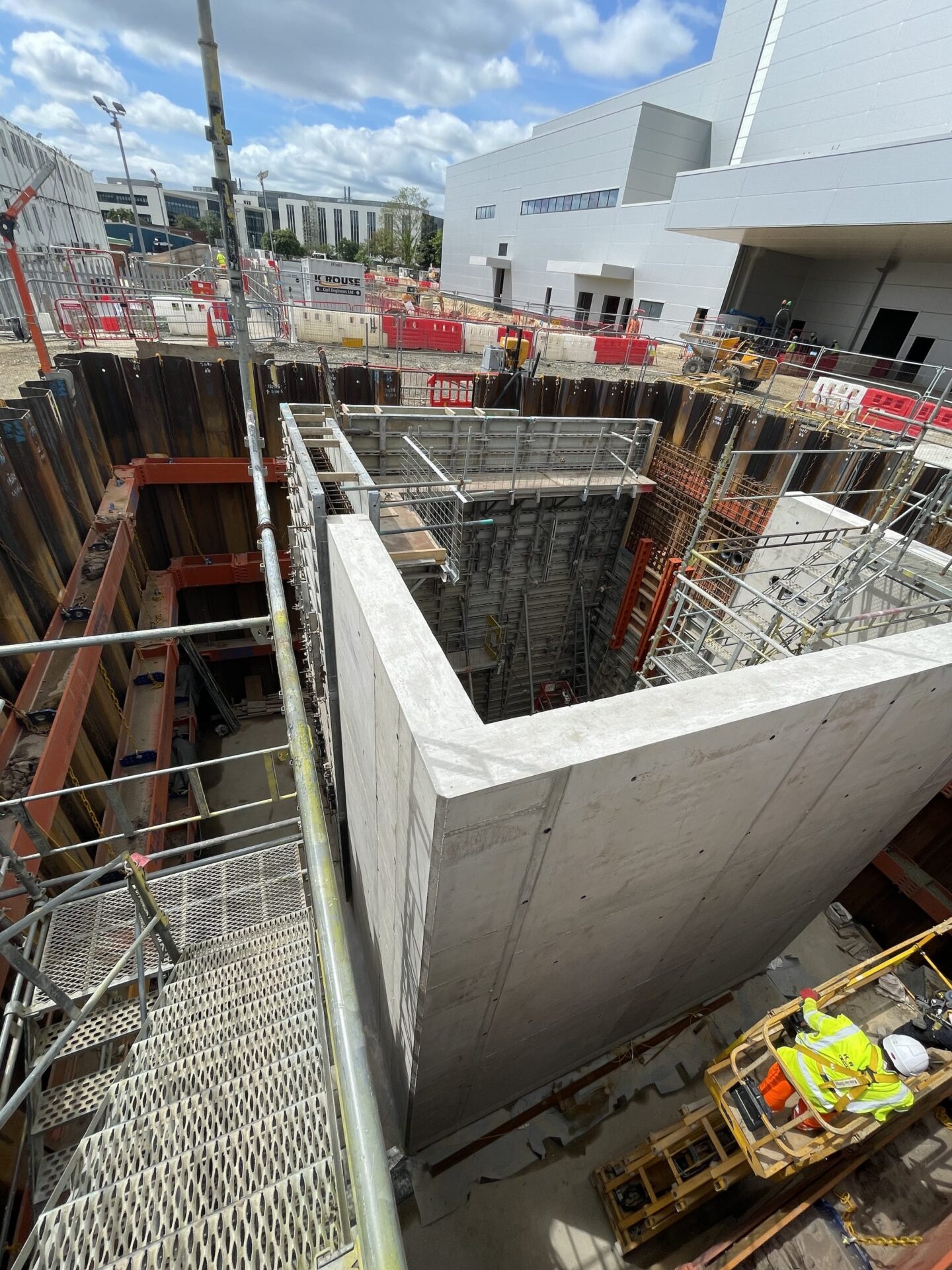 View of the temporary works specialist recently provided to K Rouse Civil Engineering. It is a bespoke integrated ground shoring and formwork solution to support a challenging excavation for the construction of the new Fujifilm Borealis biotech manufacturing facility in Billingham.