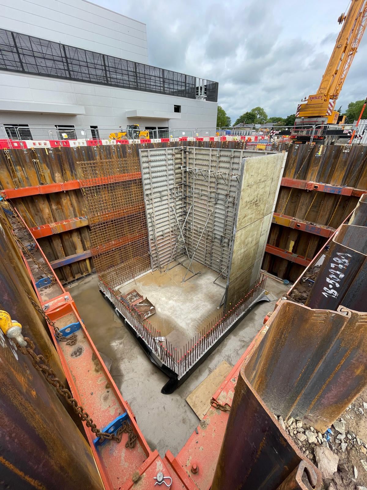 View of the temporary works specialist that Altrad RMD Kwikform recently provided to K Rouse Civil Engineering. It is a bespoke integrated ground shoring and formwork solution to support a challenging excavation for the construction of the new Fujifilm Borealis biotech manufacturing facility in Billingham.