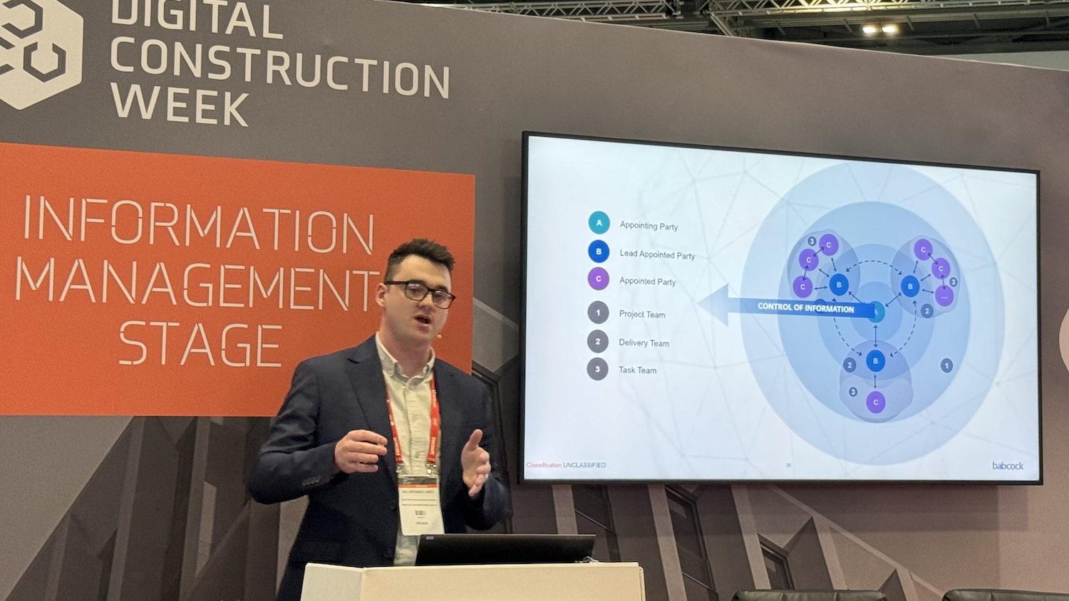 William Baker-Jones on stage at Digital Construction Week