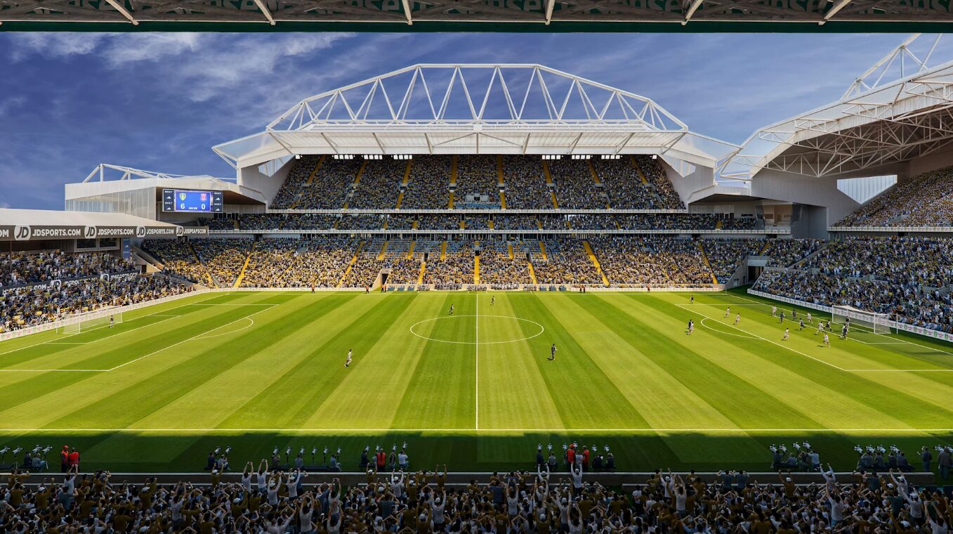 Computer-generated image of the new pitch design of the stadium - Leeds United has unveiled its stadium revamp design