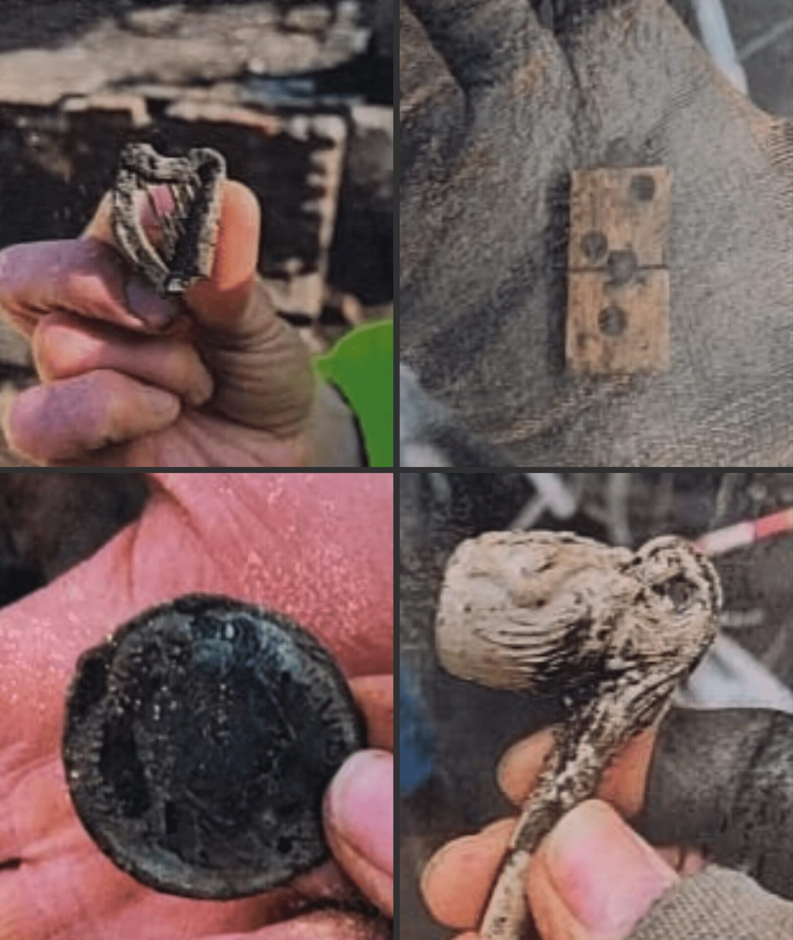From top left, clockwise: a Celtic harp brooch from the 1700s; a domino with a bone facing; a tobacco smoking pipe; a penny coin from the King George III period - Galliford Try's archaeological findings in Wapping.