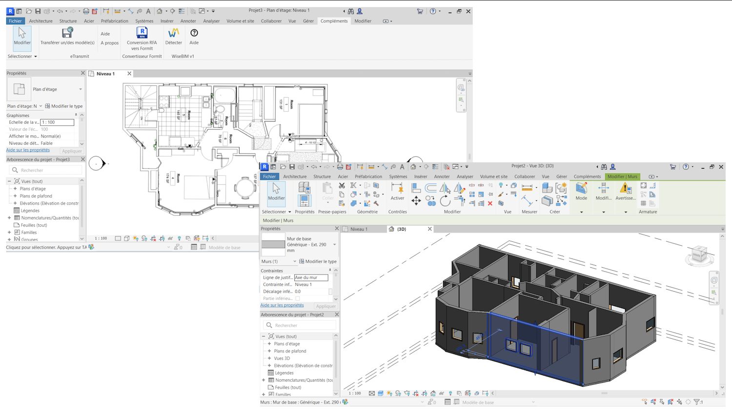 Screenshots of 2D plans and then 3D plans in WiseBIM