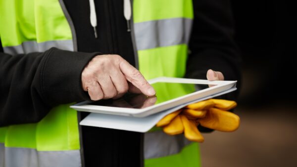image of construction worker using a smart tablet