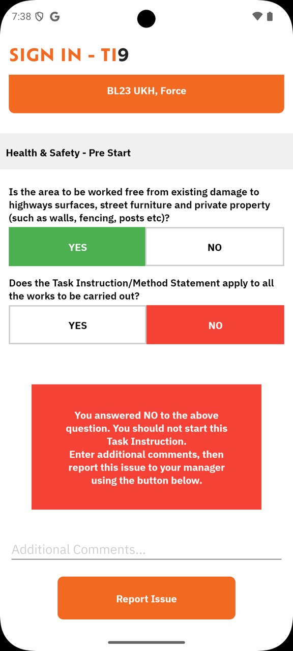 A screenshot of the UtiliMate app developed by Alconex showing a short menu with questions. 'Yes' answers are in green and 'no' in red - Digital Construction Awards 2025, Digital Contractor of the Year shortlist