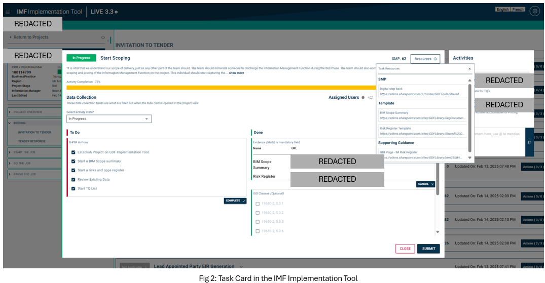 A screenshot of the Information Management Framework implementation tool from AtkinsRéalis - for Information Management Best Practice profile