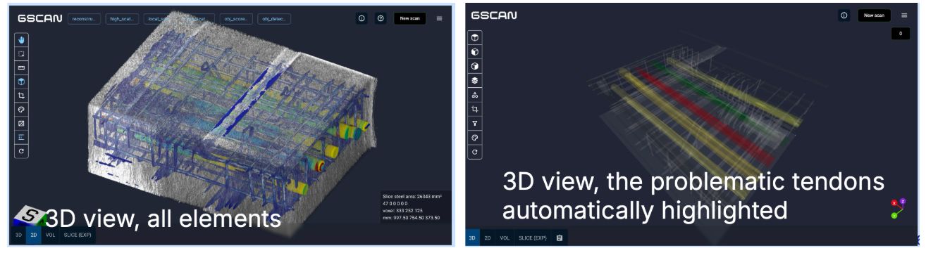 A screenshot of two 3D models side-by-side showing different elements of a bridge's internal composition, highlighting critical elements.