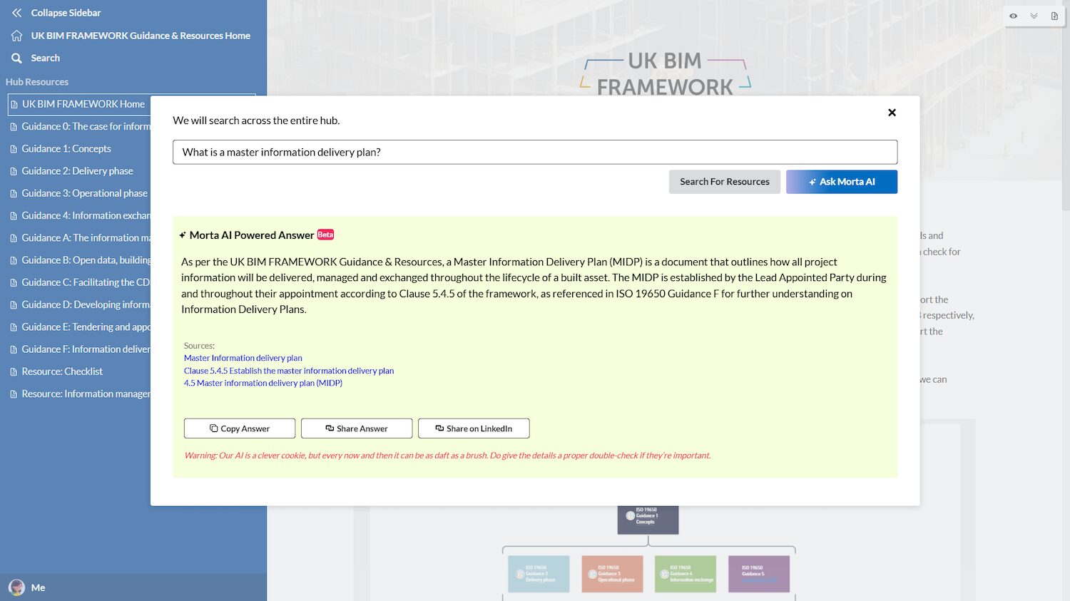 Screenshot of the UK BIM Framework - Ask Morta AI. For Best Use of AI