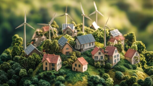 A miniature green hill with houses with solar panels and wind turbines - lawyers explain ESG considerations in construction contracts.
