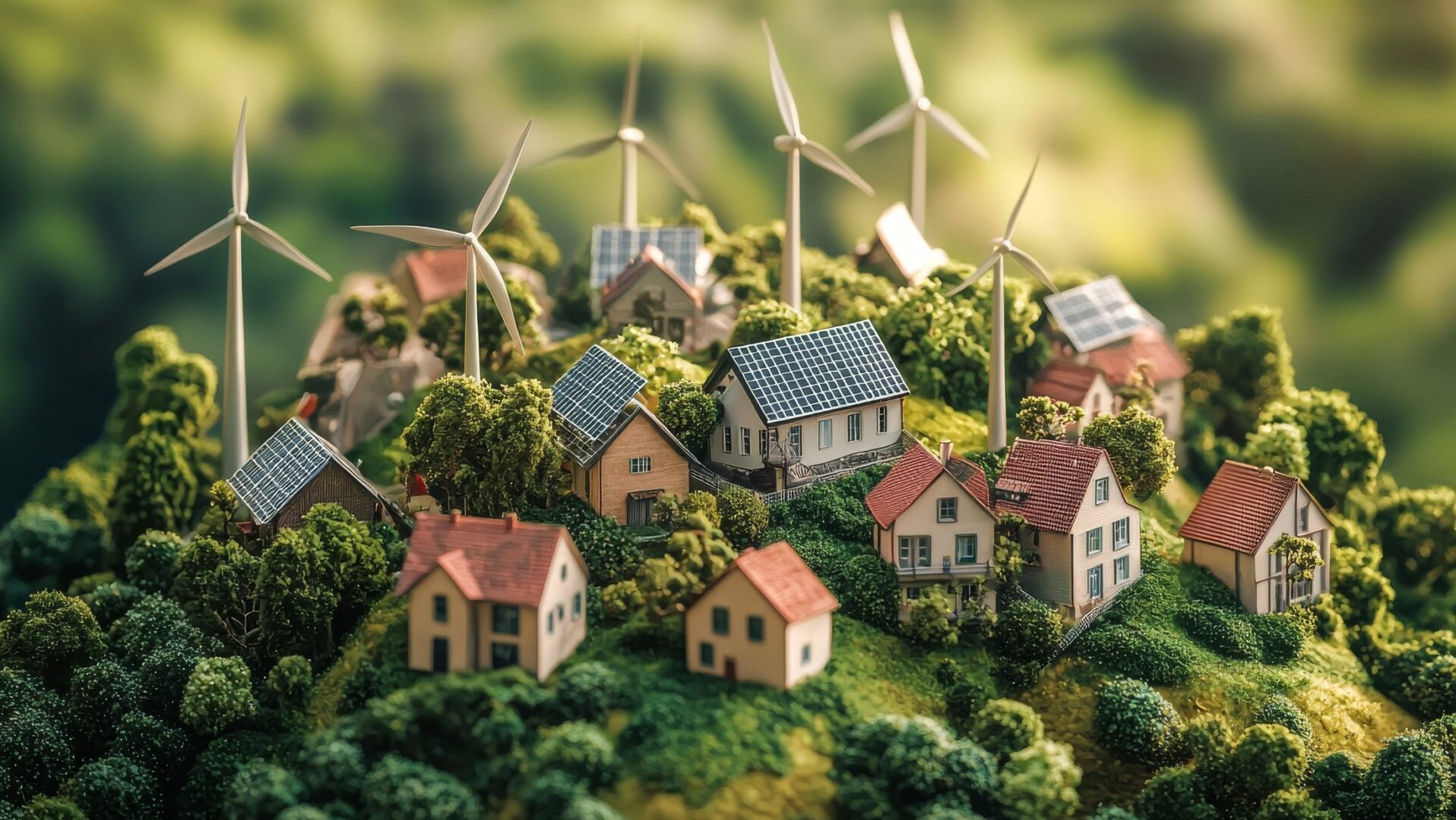 construction contracts ESG - A miniature green hill with houses with solar panels and wind turbines - lawyers explain ESG considerations in construction contracts.