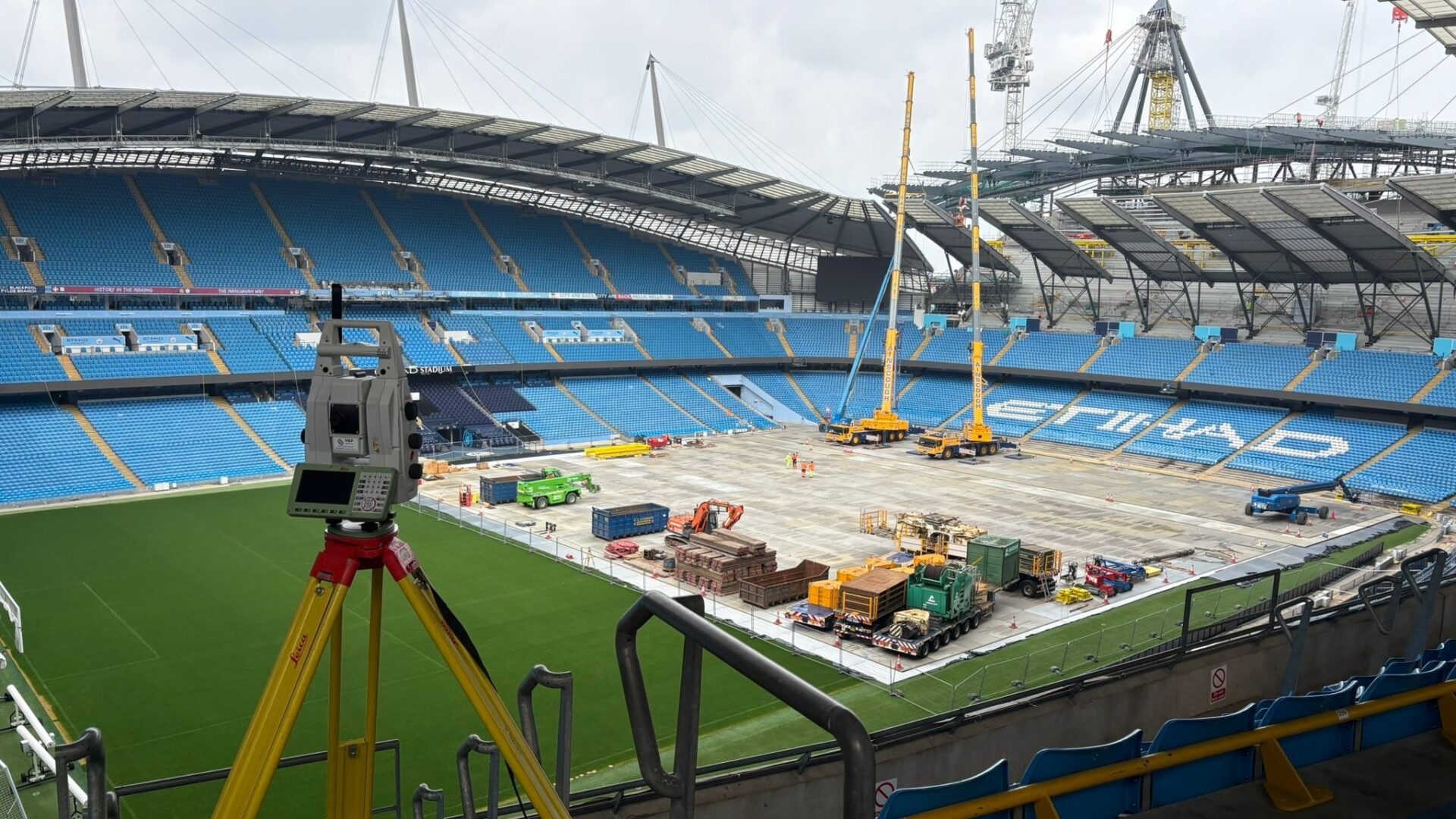 Peacock Precision Manchester City - View of the Etihad stadium pitch - Peacock Precision is carrying out work to survey and install giant screens at Manchester City's Etihad Stadium