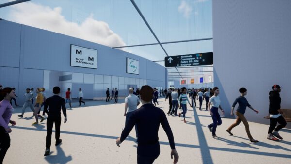 Mott MacDonald's IDEA crowd modelling software showing a generic airport visualisation (image: Mott MacDonald).