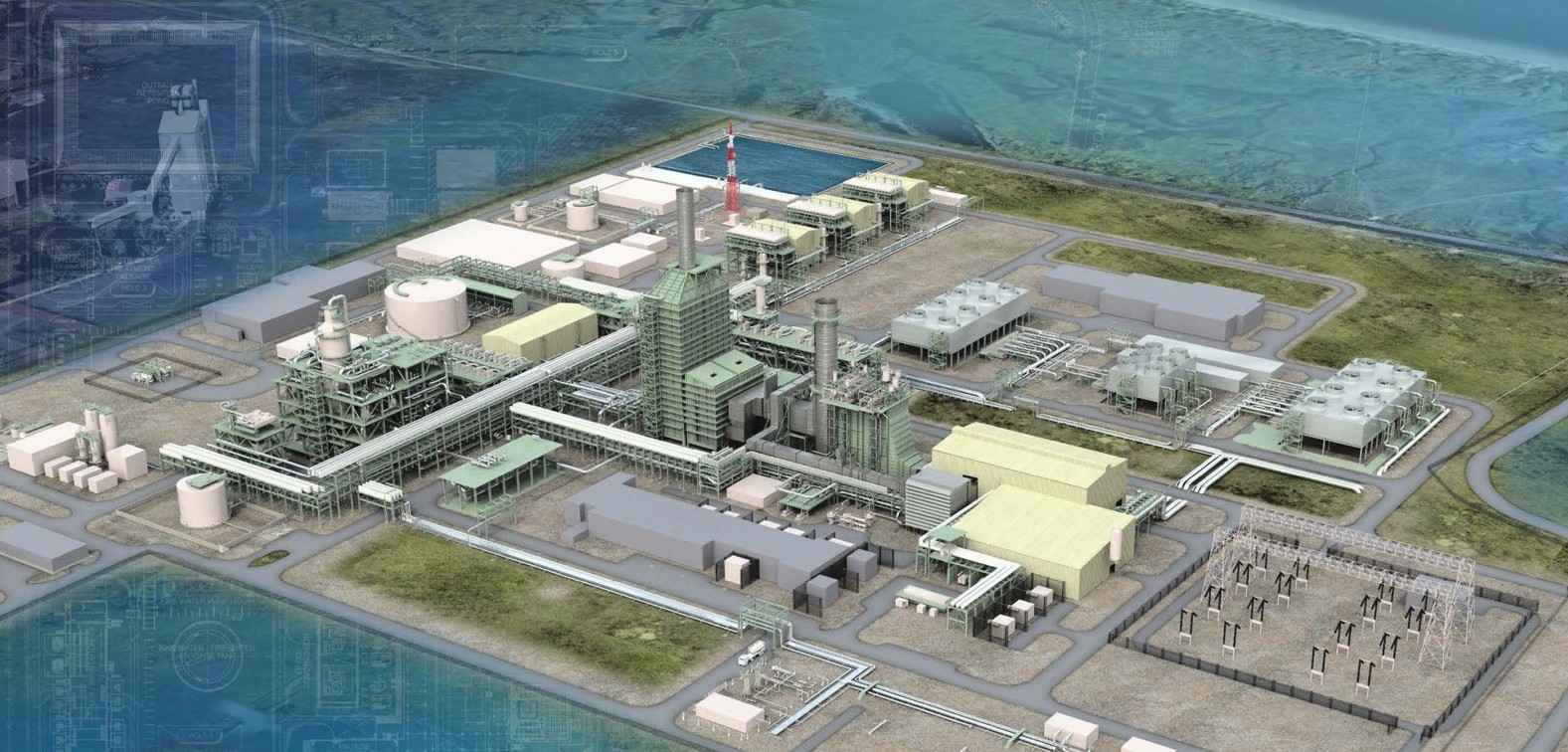 A computer-generated image of the Net Zero Teesside Power plant