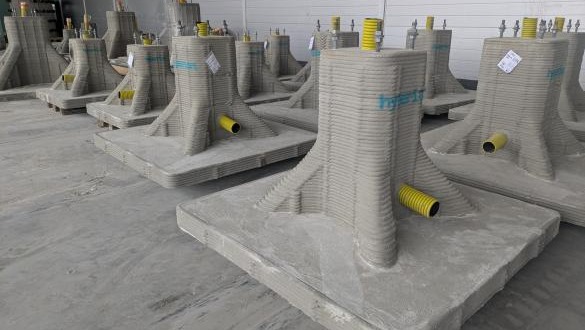 A row of 3D-printed concrete substation foundation - National Grid is going to trial for the first time in the UK this technology for this purpose