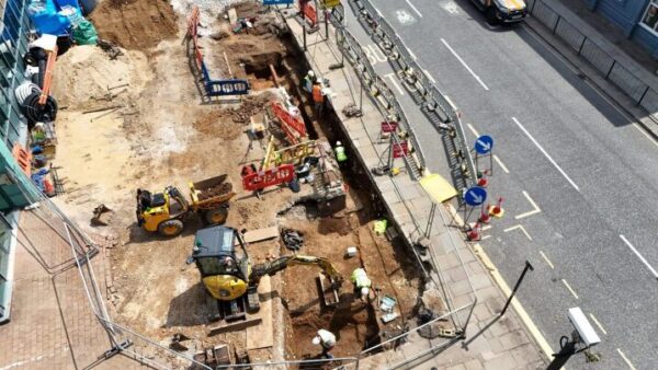 The excavation works where the Roman road was discovered in central Manchester