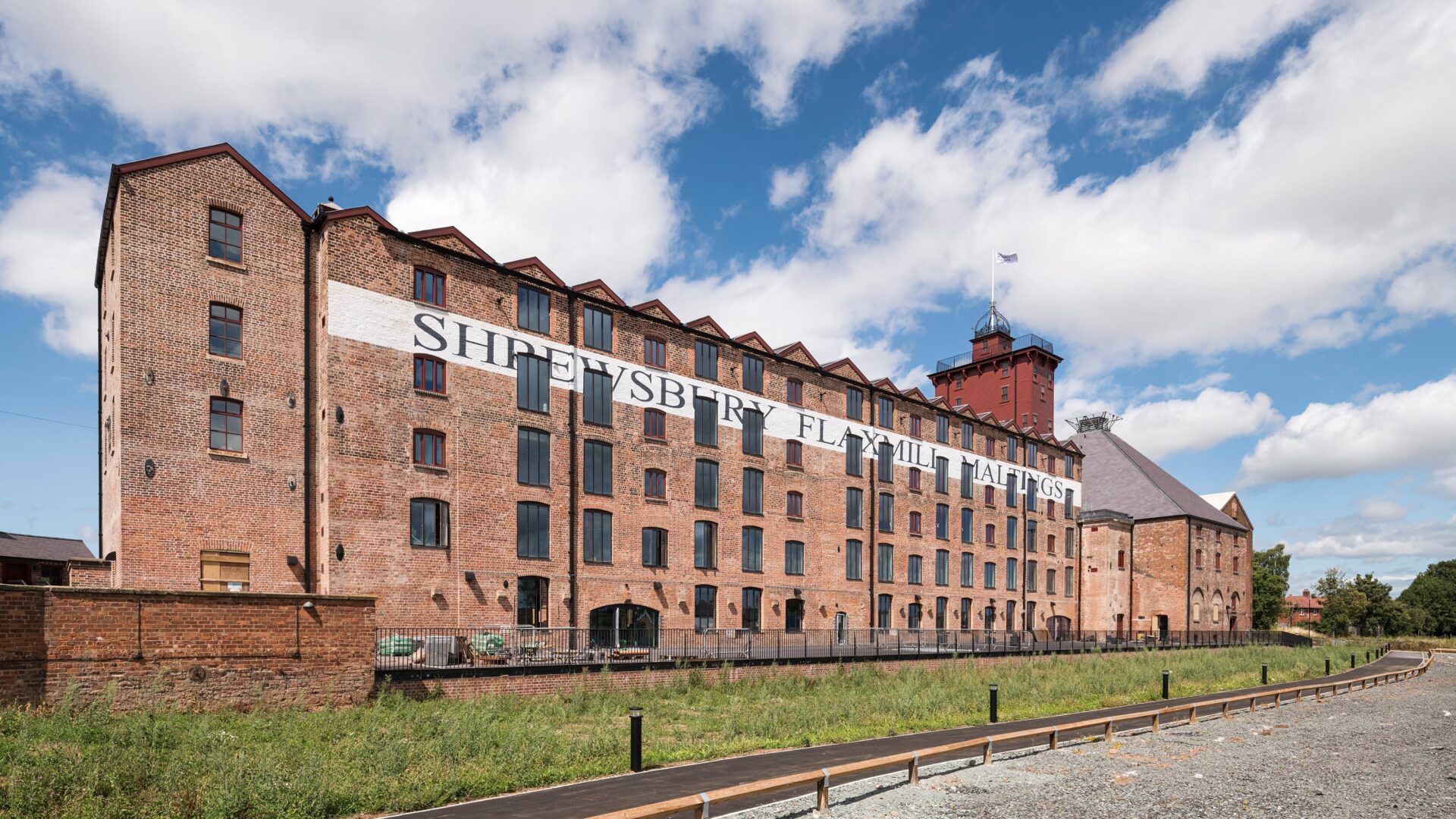 Restored exterior of Shrewsbury Flaxmill Maltings (Grade I listed Main Mill and Grade II listed Kiln)