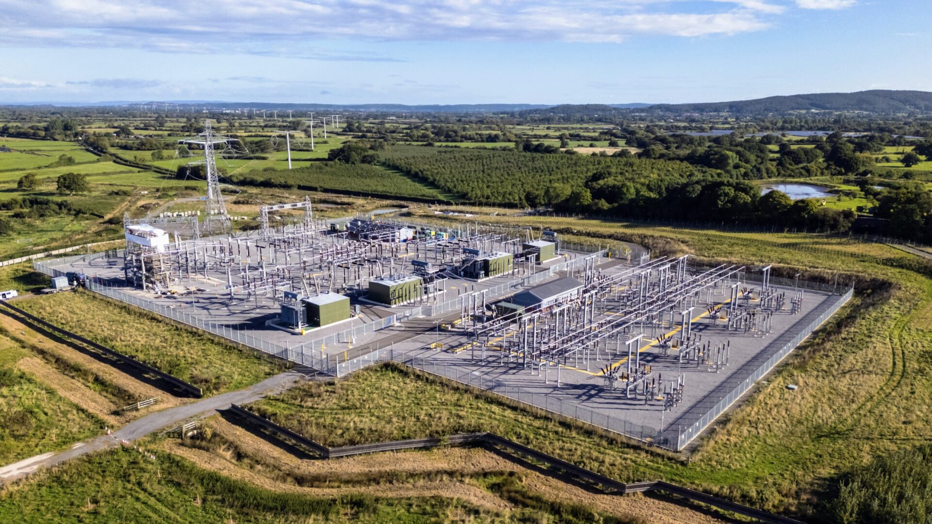 Aerial view of an electrical substation surrounded by green fields - Balfour Beatty and Morgan Sindall are among the firms awarded a place in a new partnership with National Grid