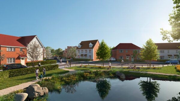 A computer-generated image of the new development in South Wokingham that Vistry and Kier Property will deliver. It shows houses and a big pond against a blue sky.
