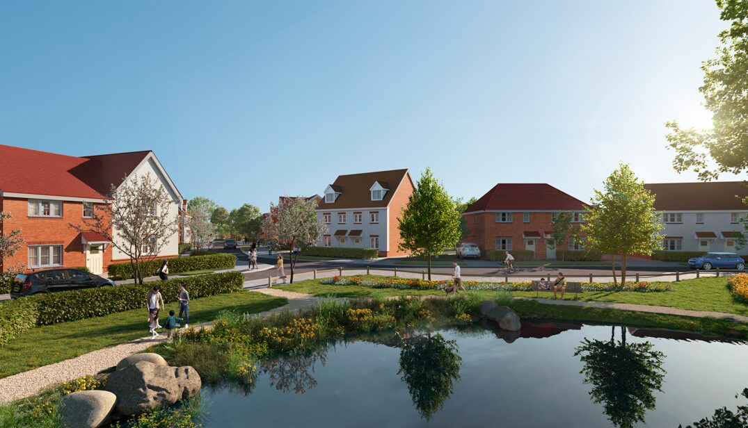 A computer-generated image of the new development in South Wokingham that Vistry and Kier Property will deliver. It shows houses and a big pond against a blue sky.