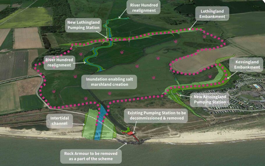Aerial view showing proposed layouts of embankments, new river and breach - Balfour Beatty has been awarded a £47m flood defence contract