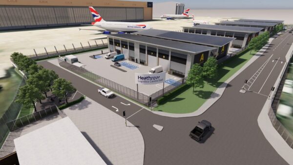 A computer-generated image of a low logistics centre with British Airways aircrafts in the background.