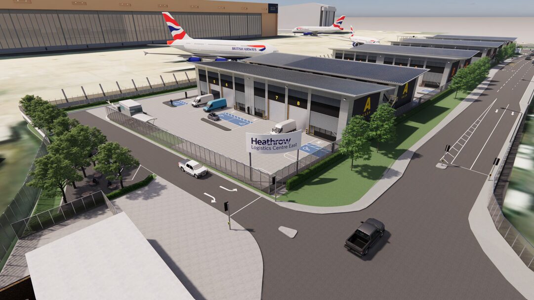 A computer-generated image of a low logistics centre with British Airways aircrafts in the background. 
