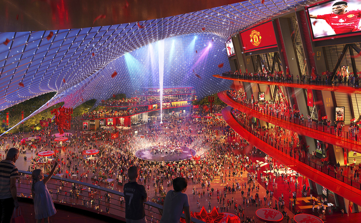 Manchester United's planned new stadium with extended roof canopy (image Foster + Partners).