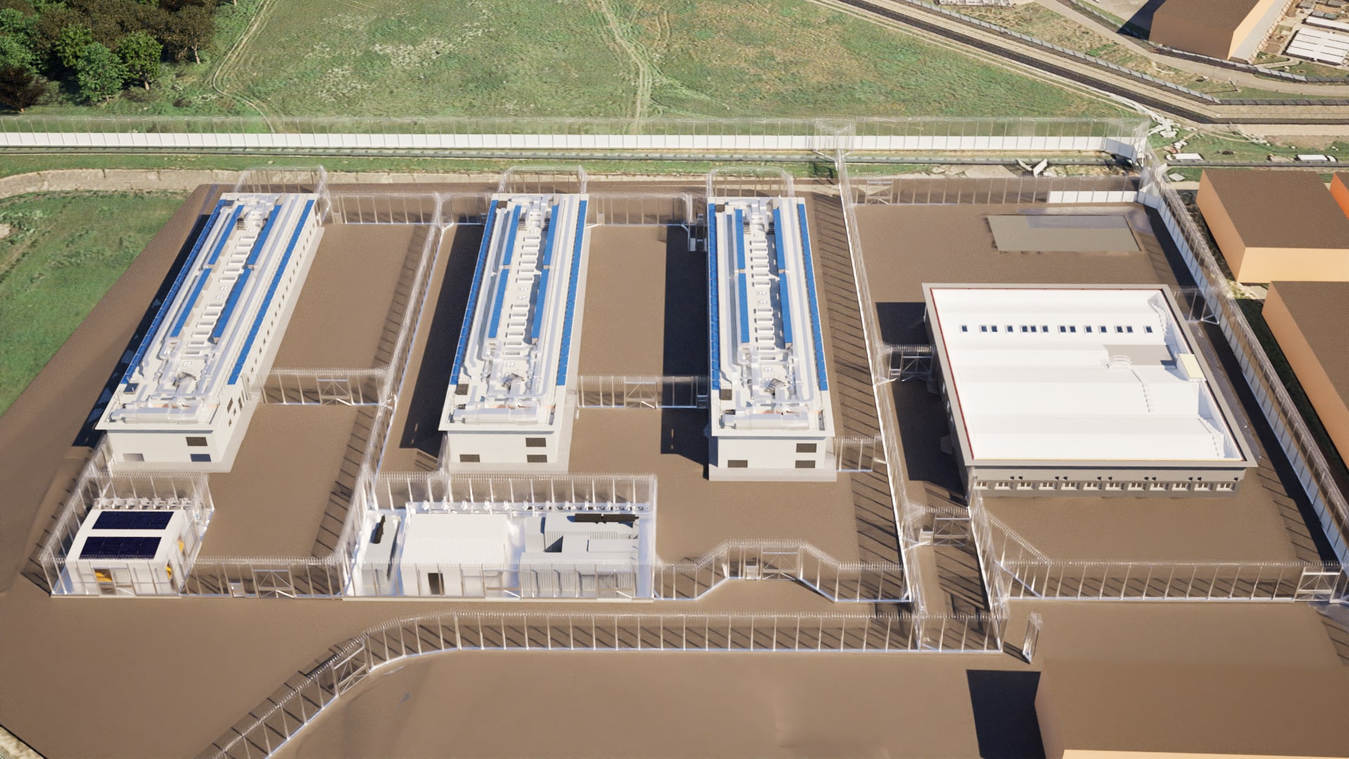 A computer-generated image of the new houseblocks that Wates will be building at HMP Onley. There are three of them and they are long and low in height. 